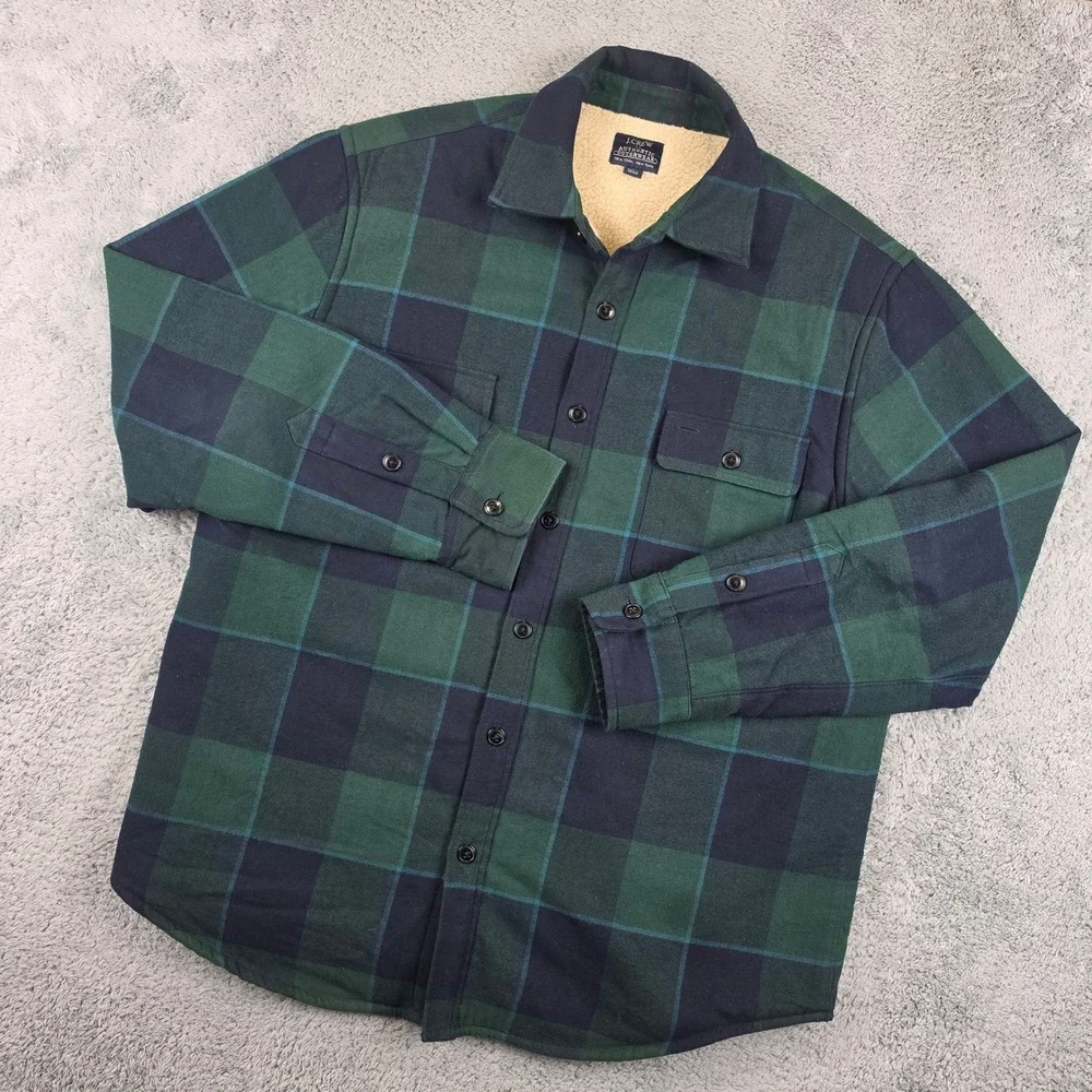 J Crew Shirt Sherpa Jacket Mens Large Green Blue Plaid Lined Flannel Shacket
